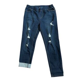 Jvini Women's Plus Sz 2XL Pull On Elastic Waist Distressed Dark Stretch Jeggings